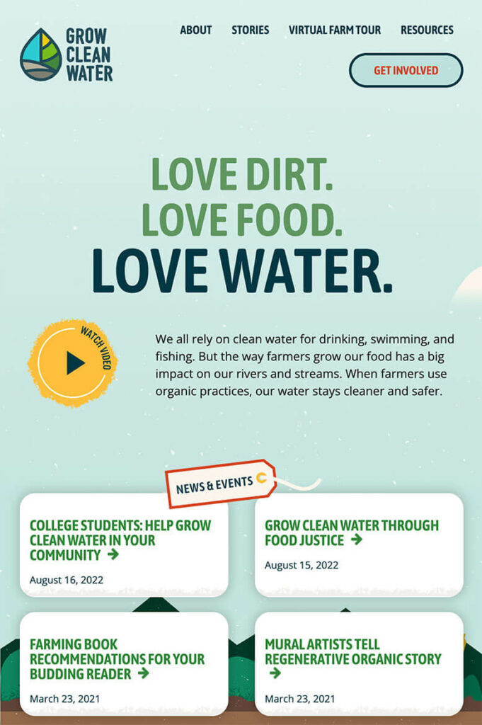 Grow Clean Water website design by Infantree with colorful illustrations and blog articles