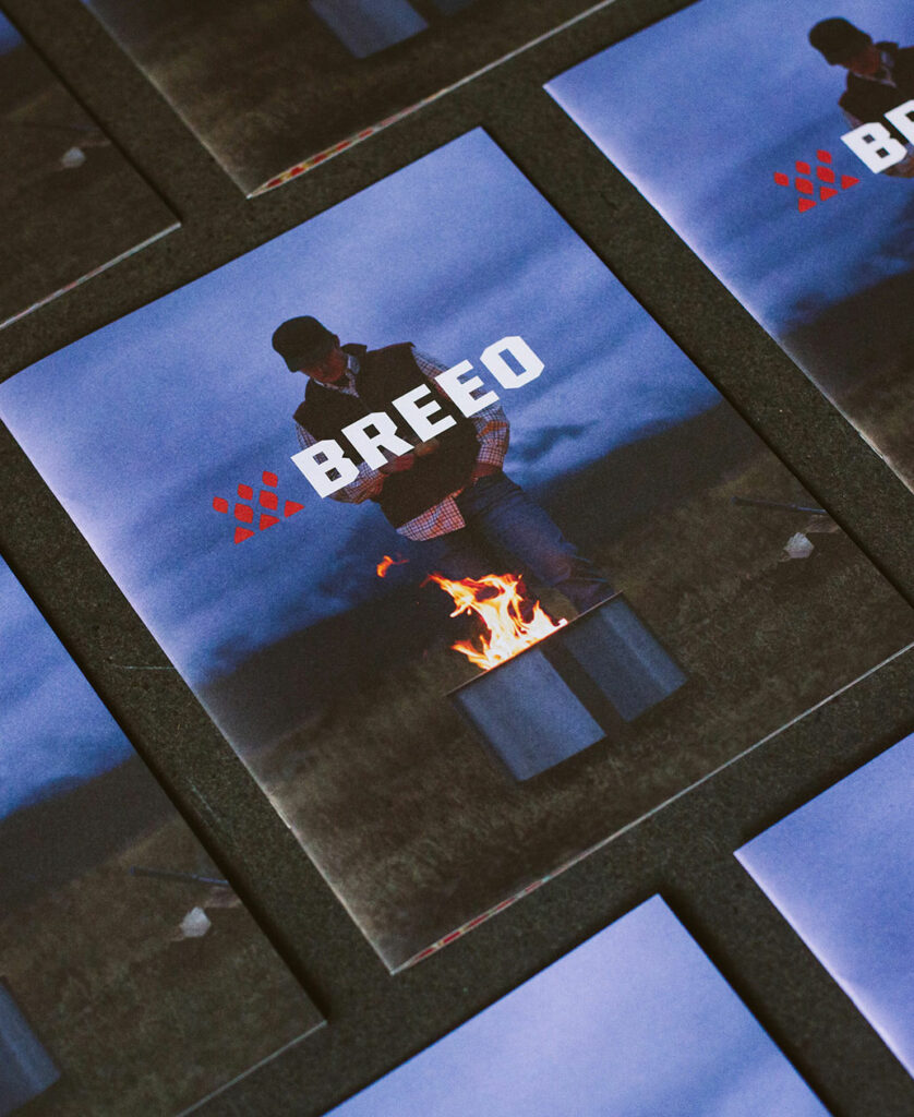 The Breeo catalog cover with a man standing alongside a Breeo fire pit at dusk