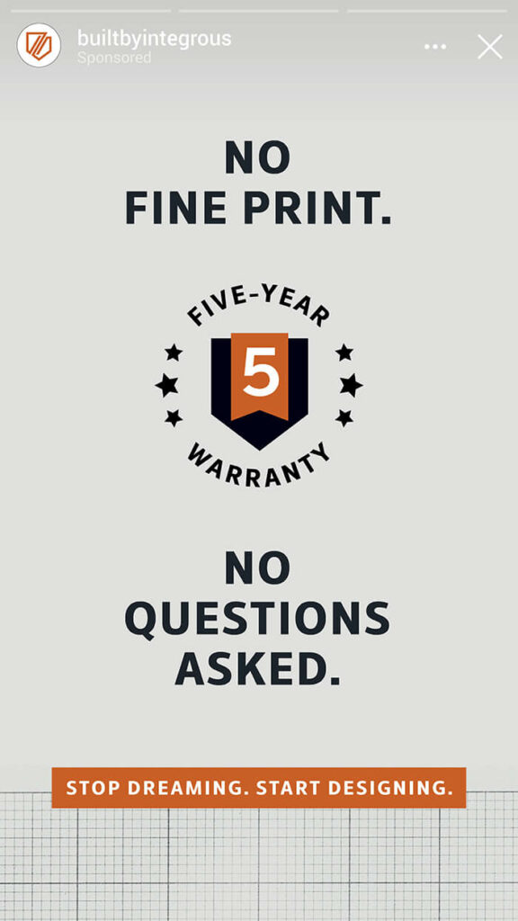 Integrous social media ad: No Fine Print; 5-year warranty