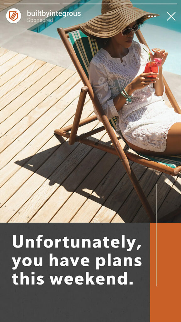 Integrous social media ad of woman relaxing with a cocktail on a composite wood pool deck: Unfortunately you have plans this weekend