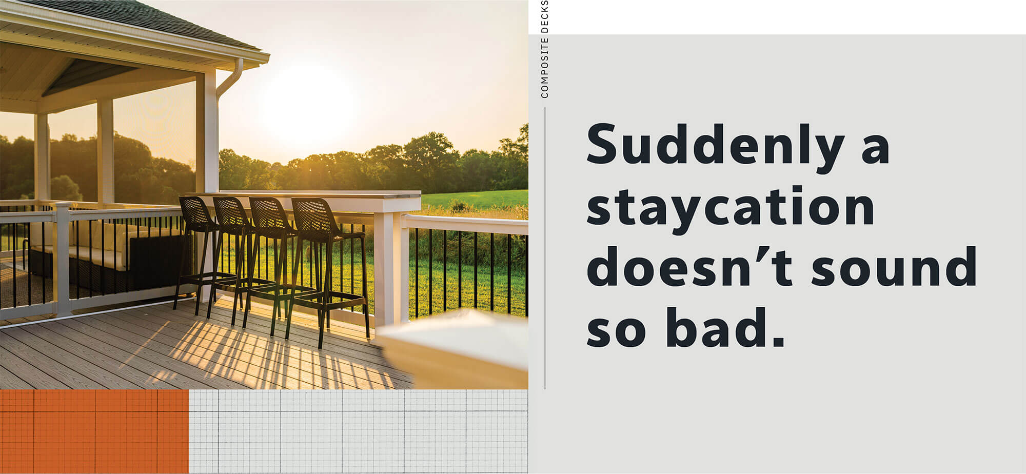 Integrous Ad Concept of a composite deck, railing, and awning at sunset: Suddenly a staycation doesn't sound so bad