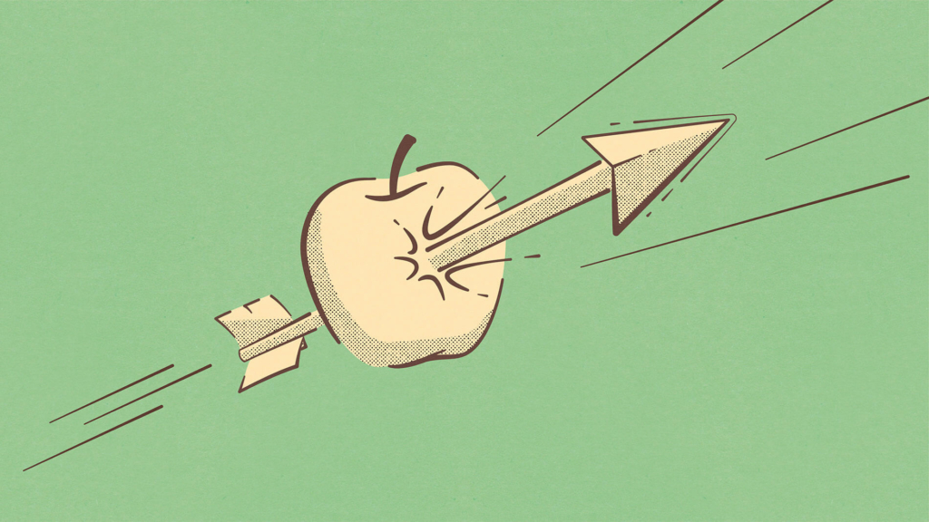 Illustration of an arrow exploding through the center of an apple after being fired from a bow, illustrated by Infantree