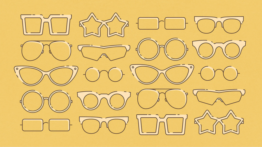 Illustration of 20 different styles of eye glasses, illustrated by Infantree