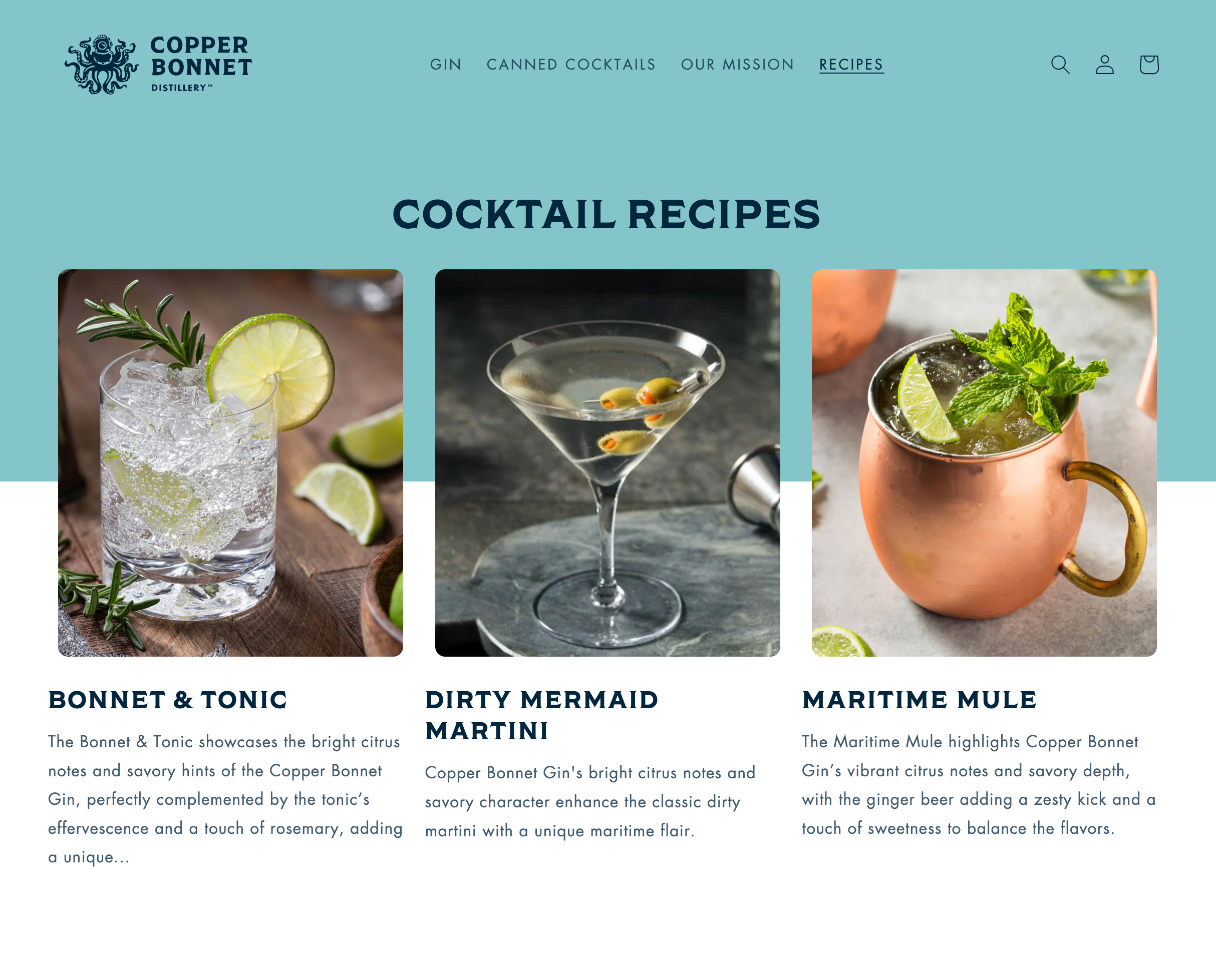 Copper Bonnet Gin custom ecommerce site, Shopify development by Infantree
